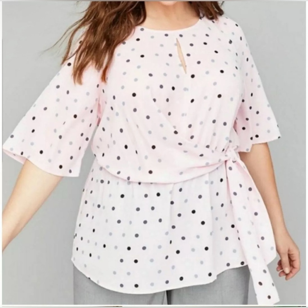 Lane Bryant Women’s Long Tunic Size 20 Pink Polka Dot Elastic Waist Tie Top| NWT